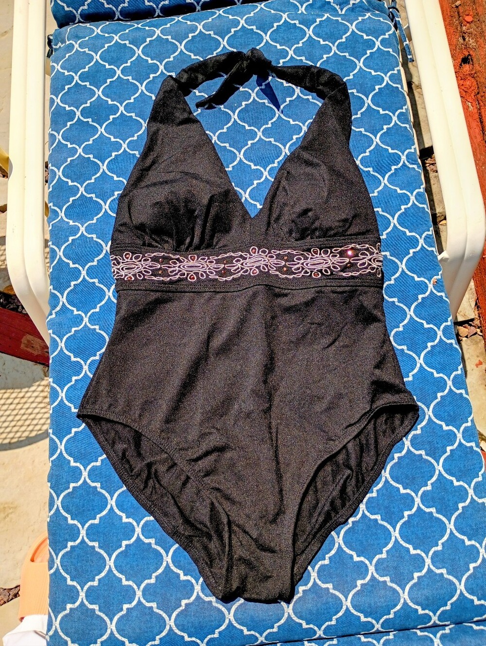 Black Embroidered Halter One-Piece Swimsuit 14C.